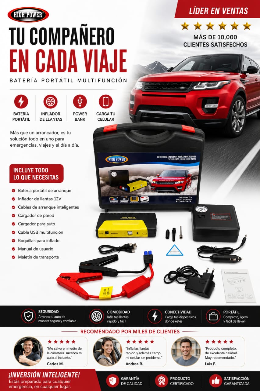 Kit de Emergencia HIGH POWER: Arrancador + compresor + power bank