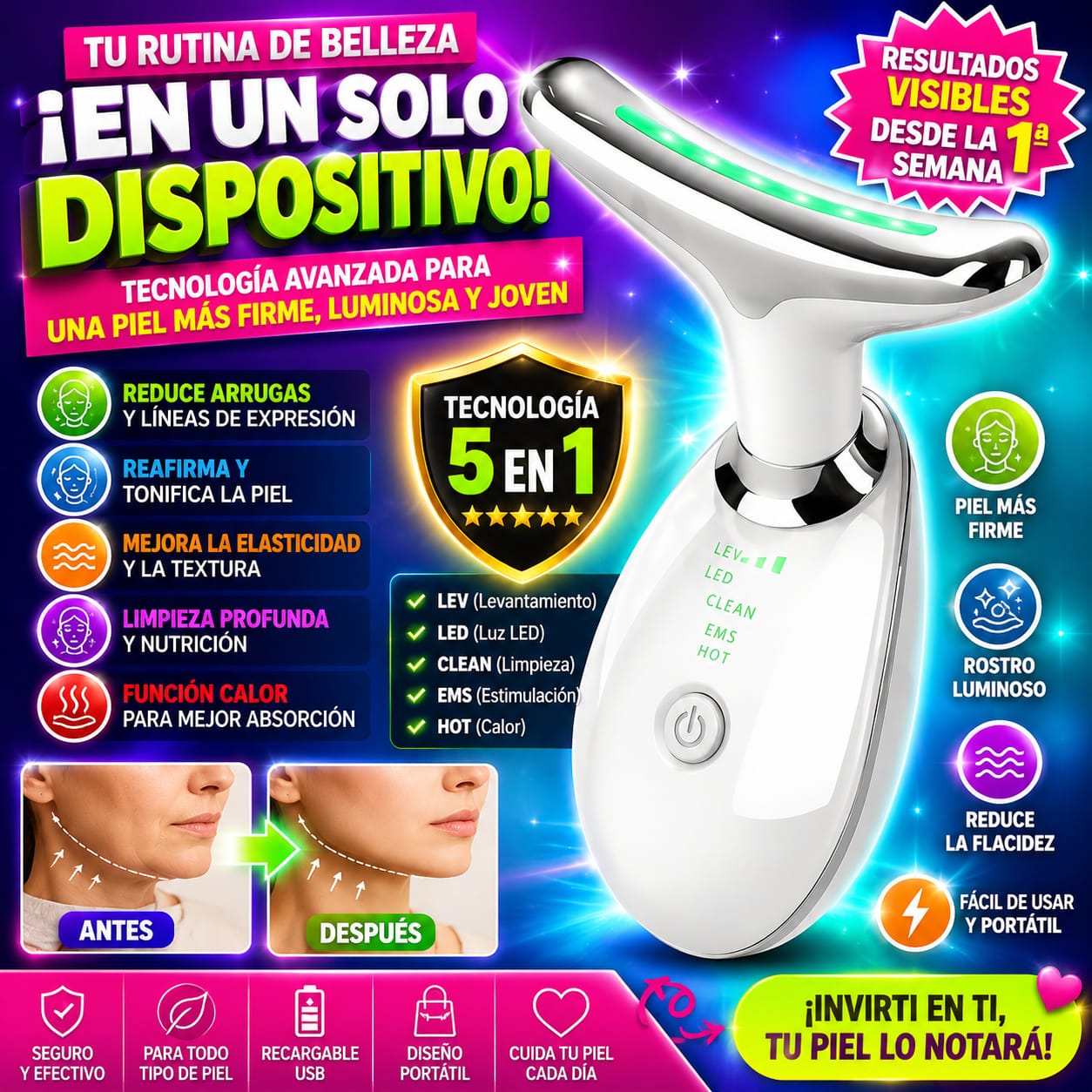 MASAJEADOR DE ROSTRO RECARGABLE CON LUZ LED