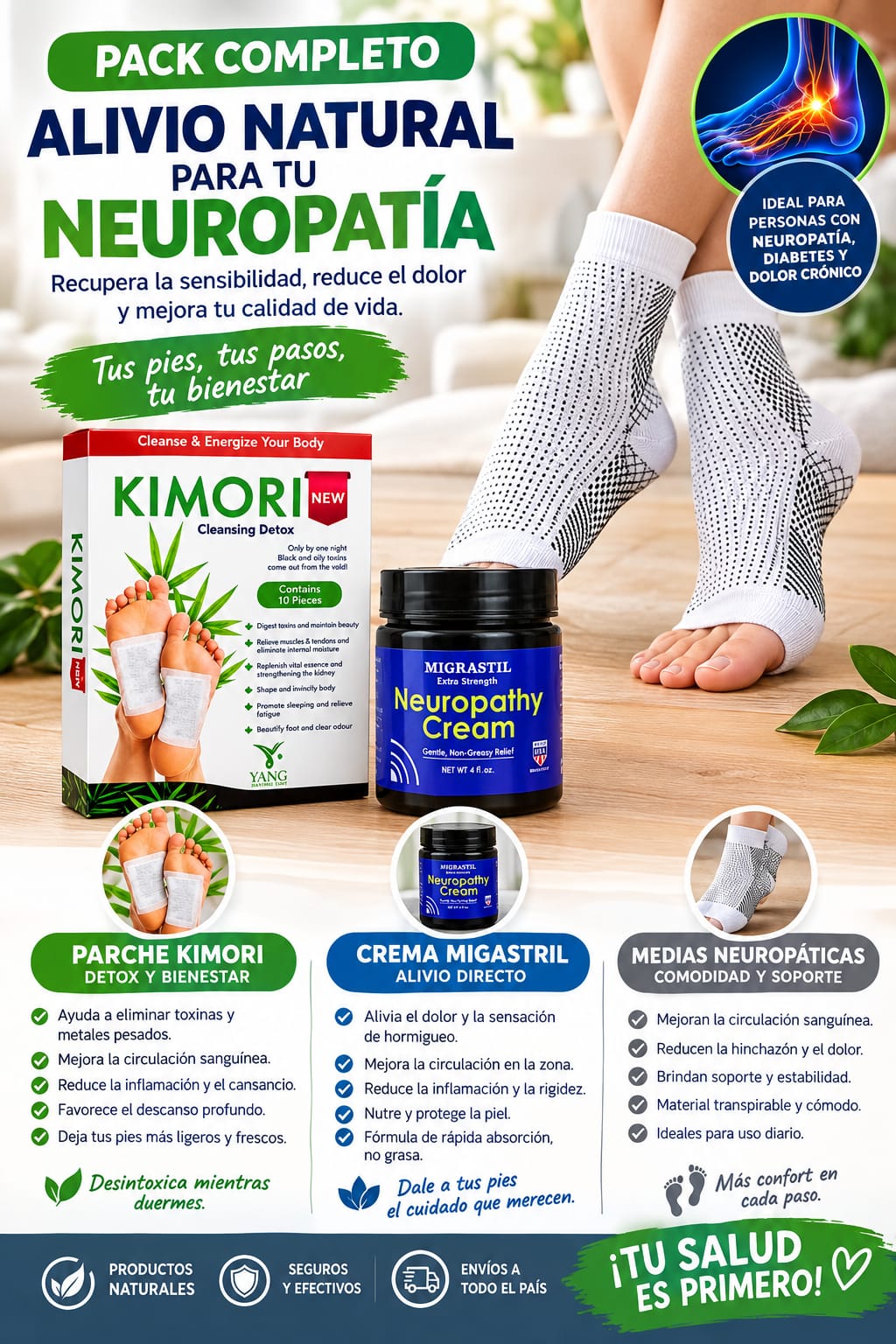 SUPER PACK - MEDIAS DE NEUROTERAPIA + CREMA MIGASTRIL + PARCHE KIMORI